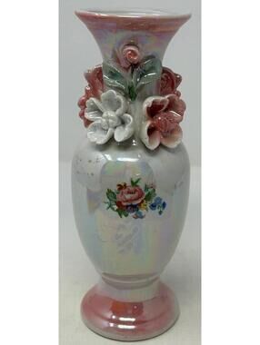 Vintage Iridescent Porcelain Bud Vase Featuring Pastel Floral Appliqué 8 Inches